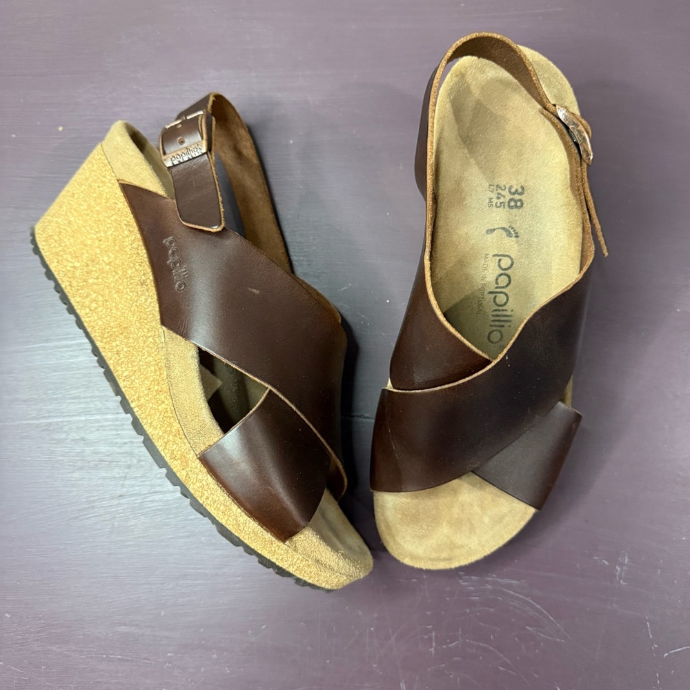 Papillio Birkenstock Samira Dark Brown Leather Wedge Sandals EU 38 US 7